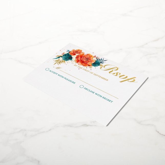 Orange and Teal Floral Wedding RSVP Foil Invitation Postcard (Rotated)