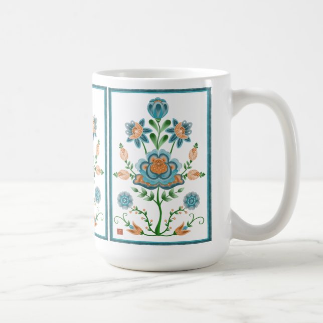 Orange and teal folk art flower coffee mug (Right)