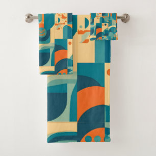 Orange and Teal Geometric Abstract Bath Towel Set