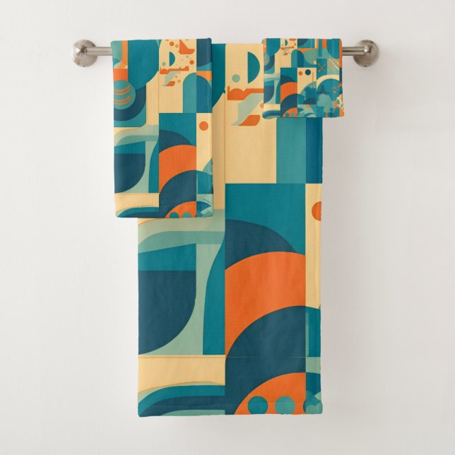 Orange and Teal Geometric Abstract Bath Towel Set (Insitu)