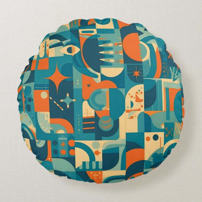 Orange and Teal Geometric Abstract Round Cushion (Front)