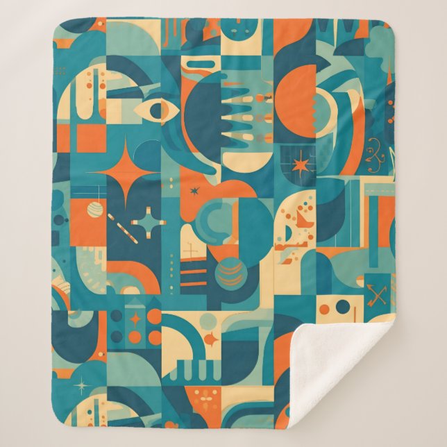 Orange and Teal Geometric Abstract Sherpa Blanket (Front)