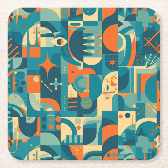 Orange and Teal Geometric Abstract Square Paper Coaster (Front)
