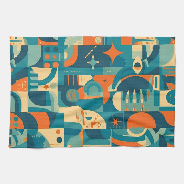 Orange and Teal Geometric Abstract Tea Towel (Horizontal)