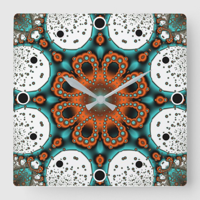 Orange and Teal Green fractal Flower Square Wall Clock (Front)