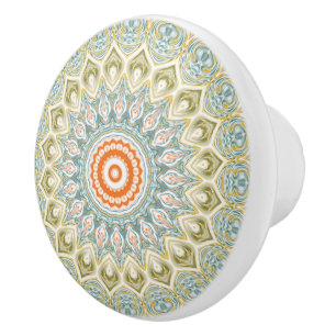 Orange and Teal Mandala Pattern with Gold Accents Ceramic Knob