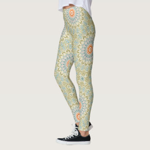 Orange and Teal Mandala Pattern with Gold Accents Leggings