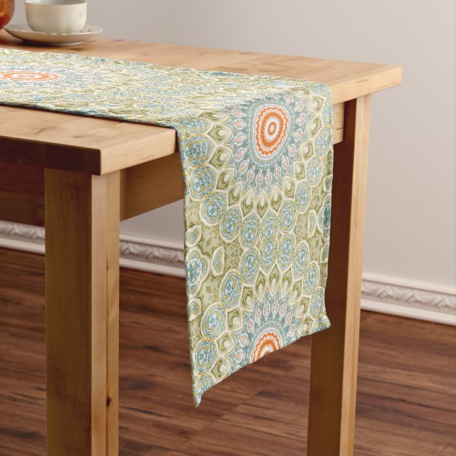 Orange and Teal Mandala Pattern with Gold Accents Medium Table Runner (In Situ)