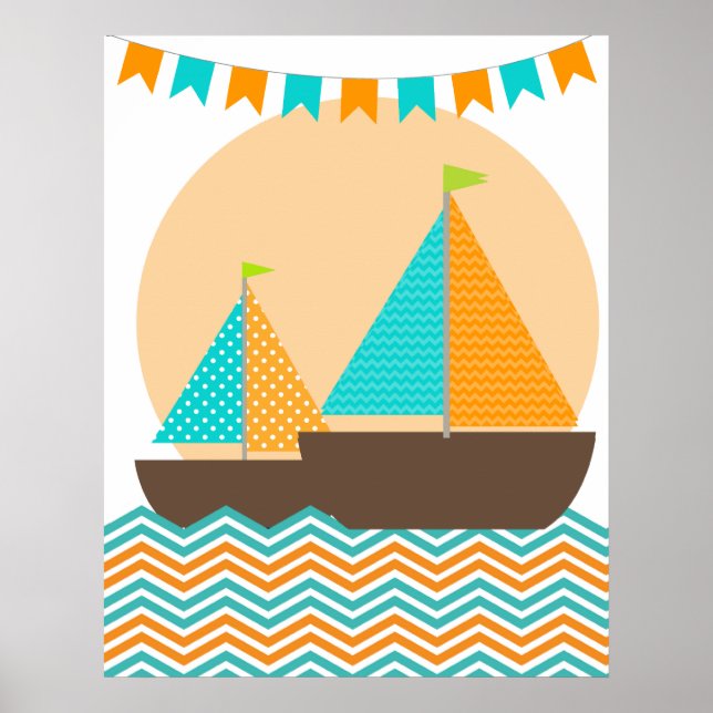 Orange and Teal Nautical Sailboat Nursery Poster (Front)
