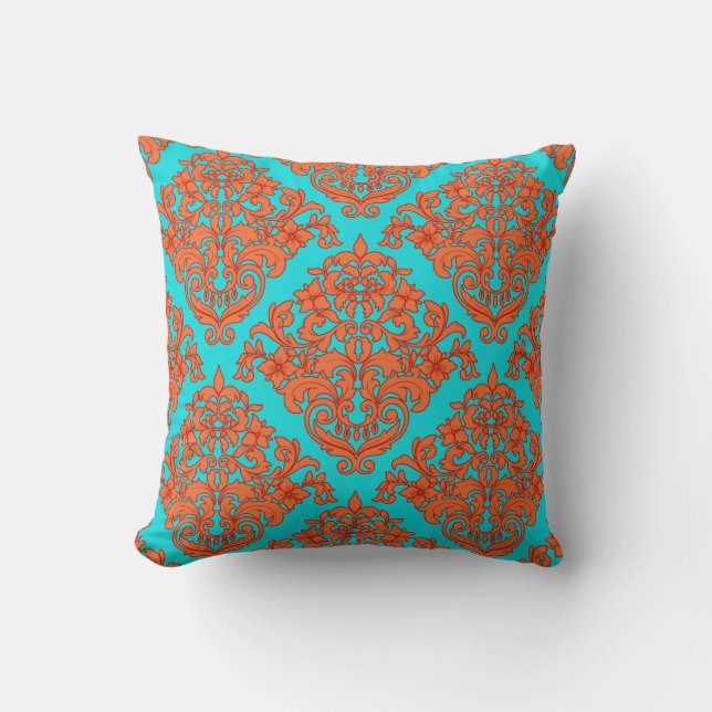 Orange and Turquoise Damask Cushion (Front)