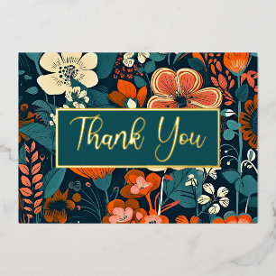 Orange and Turquoise Floral Foil Thank You Card