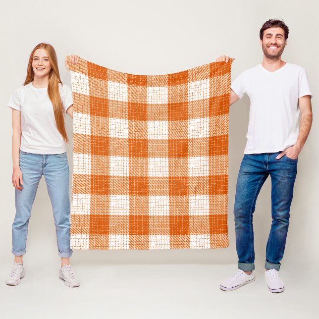 Orange and White Bold Checkered Plaid Design  Fleece Blanket (Creator Uploaded)