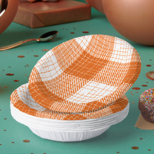 Orange and White Bold Checkered Plaid Design Paper Plate