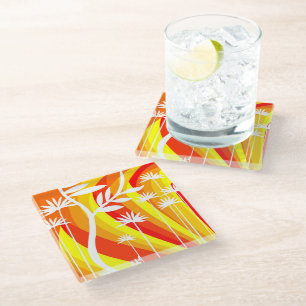 Orange and White Botanical Illustration Glass Coaster