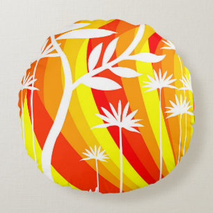 Orange and White Botanical Illustration Round Cushion
