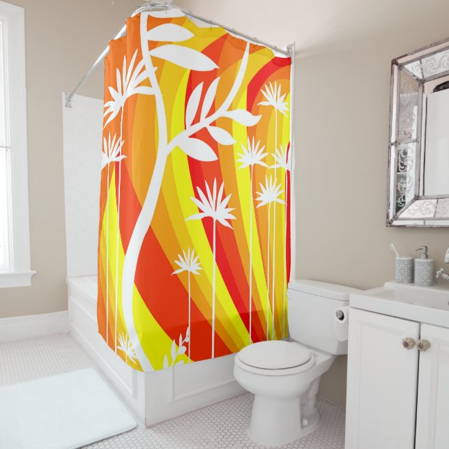 Orange and White Botanical Shower Curtain (In Situ)