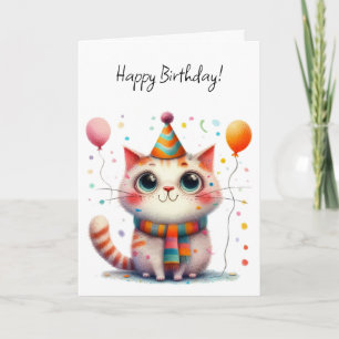 Orange and White Cat in Party Hat Birthday Card