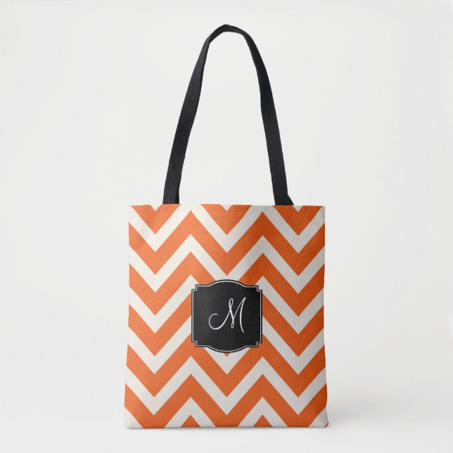 Orange and White Chevron Stripes with Monogram Tote Bag (Front)