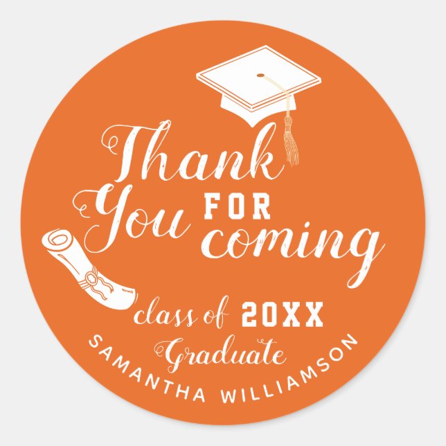 Orange and White Class of 2025 Graduate Thank You Classic Round Sticker (Front)