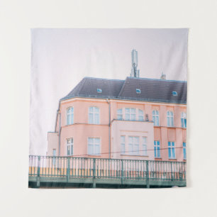 ORANGE AND WHITE CONCRETE BUILDING TAPESTRY