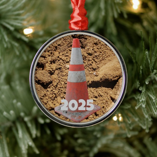 Orange and White Construction Cone, Dirt,  Metal Tree Decoration (Tree)