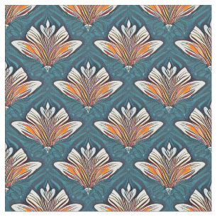 Orange and White Damask on Blue Fabric