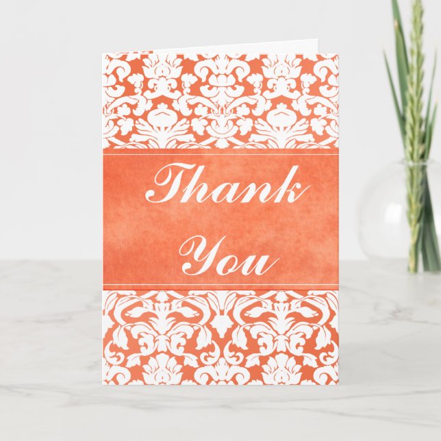 Orange and White Damask Thank You Card (Front)