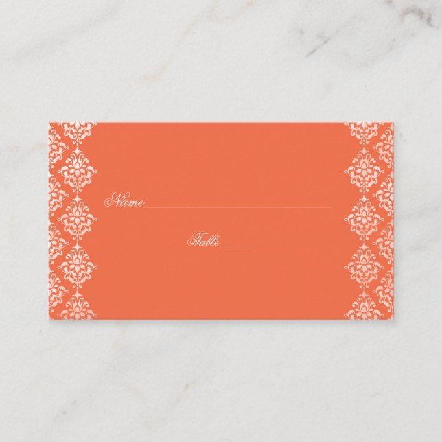 Orange and White Damask Wedding Place Cards (Front)