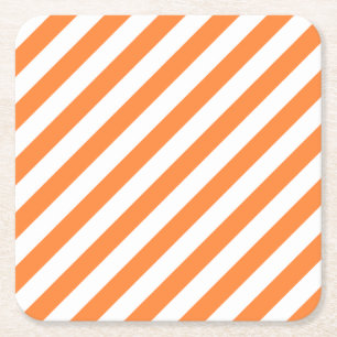 Orange and White Diagonal Stripes Pattern Square Paper Coaster