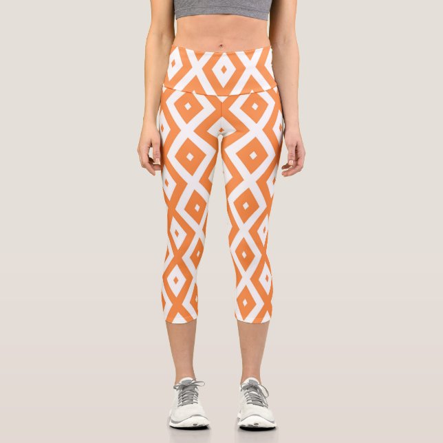 Orange and white diamond pattern capri leggings (Front)