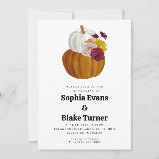 Orange and White Fall Pumpkin White Wedidng Invitation (Front)