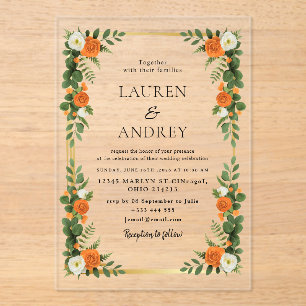 Orange and White Floral Acrylic Wedding Invitation