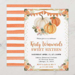 Orange and White Floral Pumpkins Fall Sweet 16 Invitation