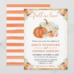 Orange and White Floral Pumpkins Fall Wedding Invitation
