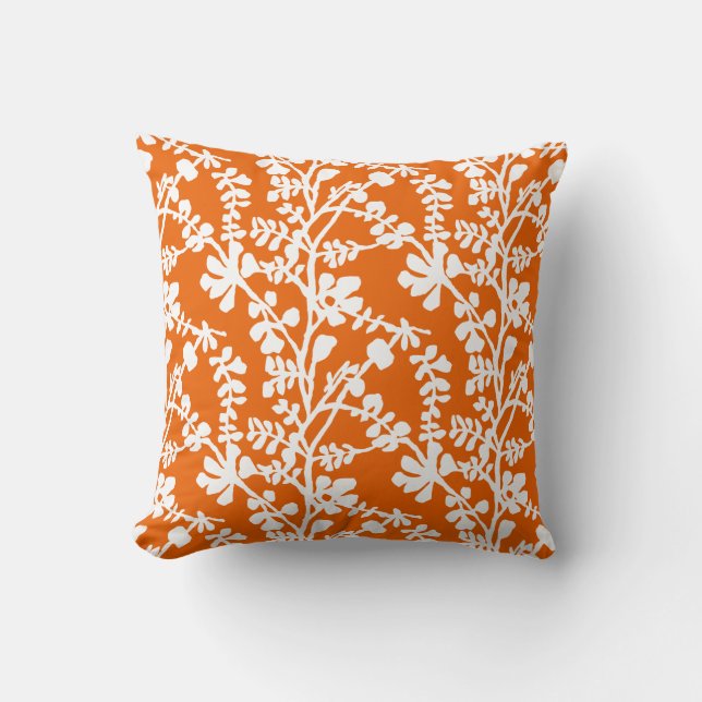 Orange And White Floral Repeating Pattern Cushion (Front)