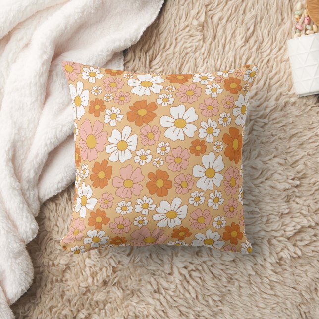 Orange and White Floral Throw Pillow (Blanket)