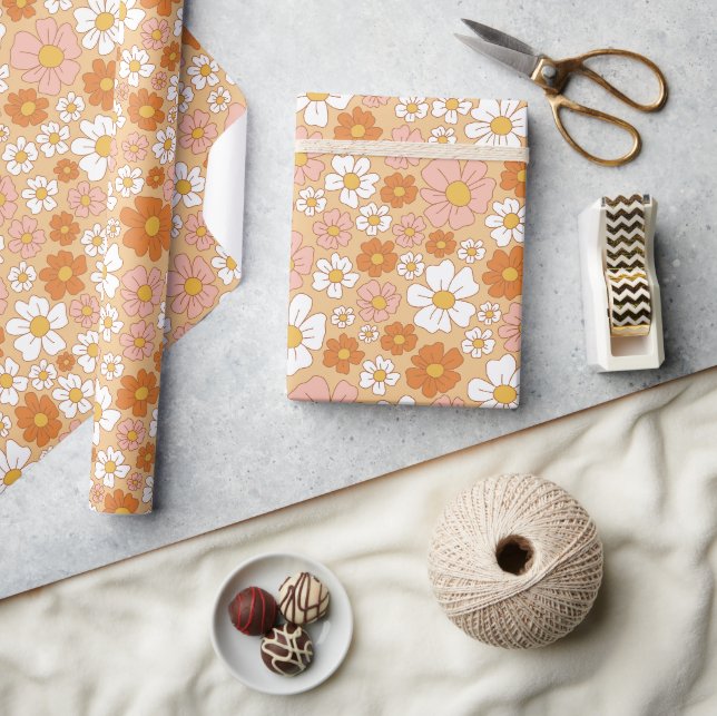 Orange and White Floral  Wrapping Paper (Crafts)