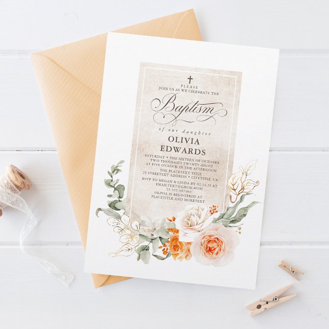 Orange and White Flowers Elegant Baptism Invitation (Creator Uploaded)
