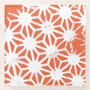 Orange and white geometric pattern glass coaster
