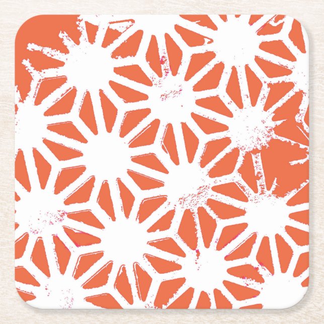 Orange and white geometric pattern square paper coaster (Front)
