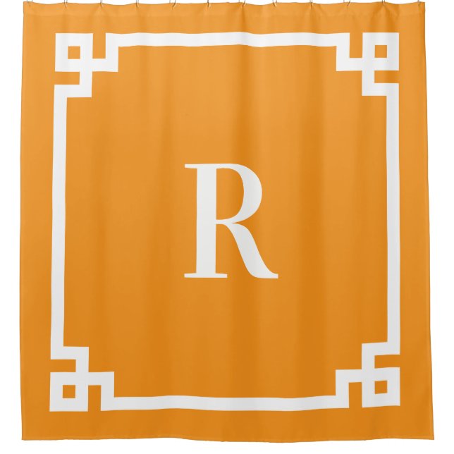 Orange and White Greek Key Simple Monogram Shower Curtain (Front)