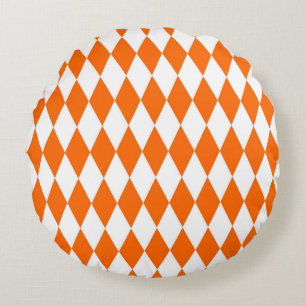 Orange and White Harlequin Diamonds Check Design Round Cushion