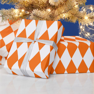 Orange and White Harlequin Diamonds Check Design Wrapping Paper