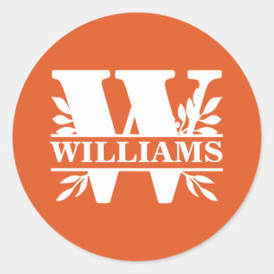 Orange and White Leaves Split Monogram W Classic Round Sticker