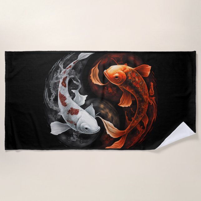 Orange And White Lucky Koi Fish Japan Art Beach Towel (Front)