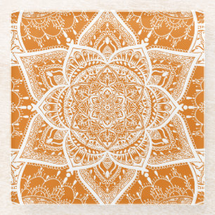 Orange and White Mandala - Loergann in Pumpkin Glass Coaster