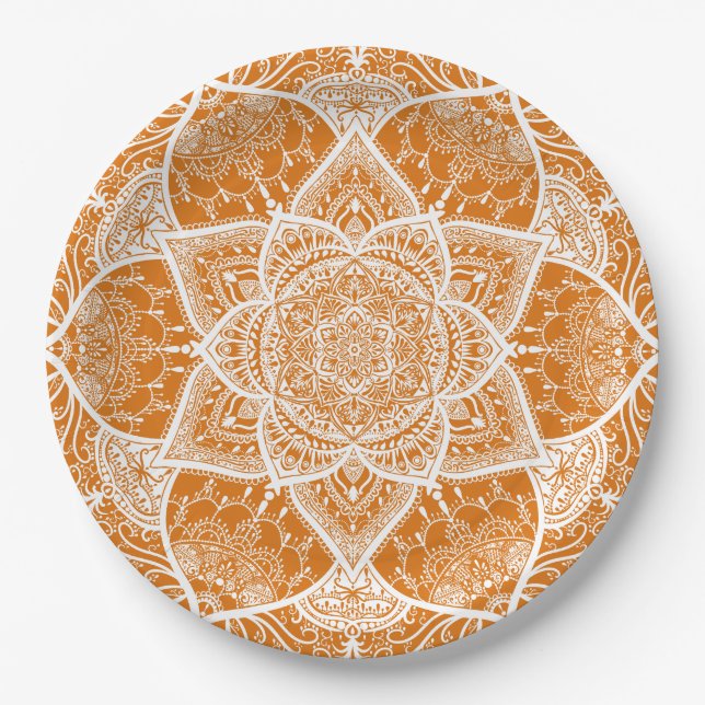Orange and White Mandala - Loergann in Pumpkin Paper Plate (Front)