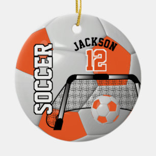 ⚽ Orange and White Personalise Soccer Ball Ceramic Tree Decoration