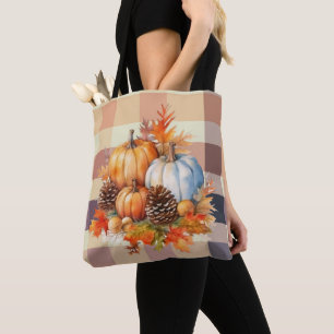 Orange and White Pumpkins Brown Plaid Halloween Tote Bag