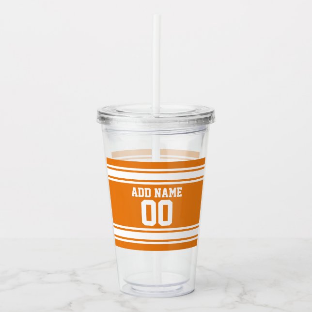 Orange and White Sports Jersey Stripes Name Custom Acrylic Tumbler (Front)